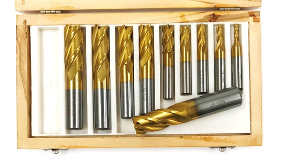 10 Piece 4 Flute TiN Coated End Mill Set